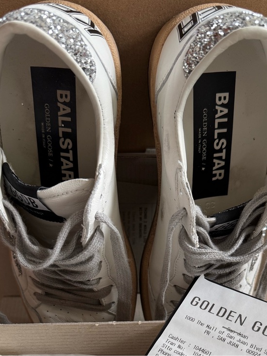 Golden Goose Shoes - Golden Goose White Leather Sneakers with Silver Glitter Heel Accents